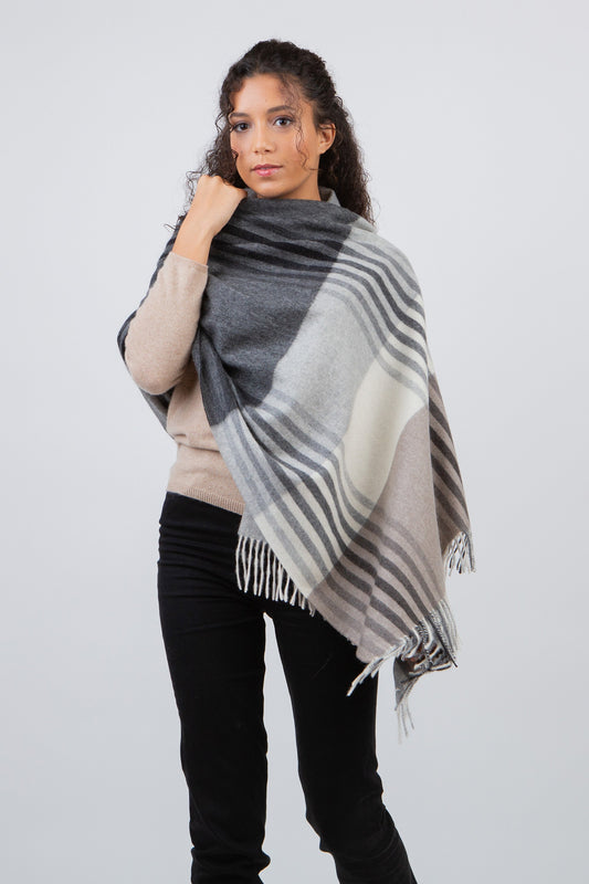 Charcoal, grey, and white checked cashmere wrap scarf.