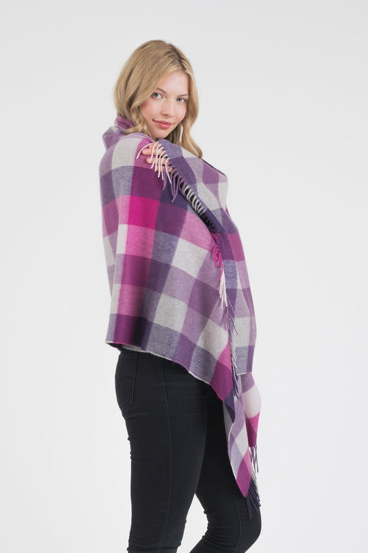 Purple, magenta, and grey checked cashmere shawl from Kiltane.