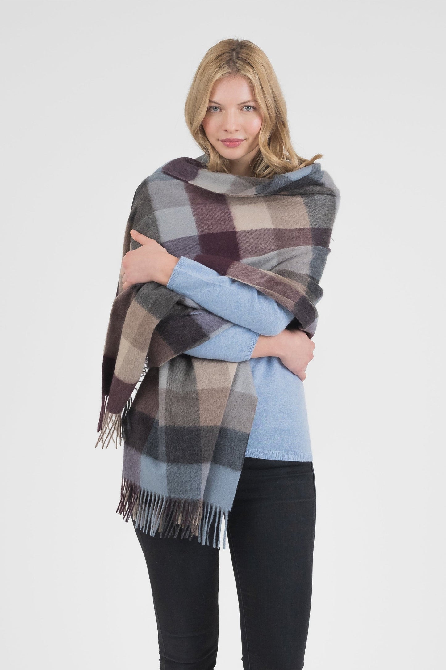 Brown, beige, blue, and charcoal grey check wide cashmere scarf by Kiltane.