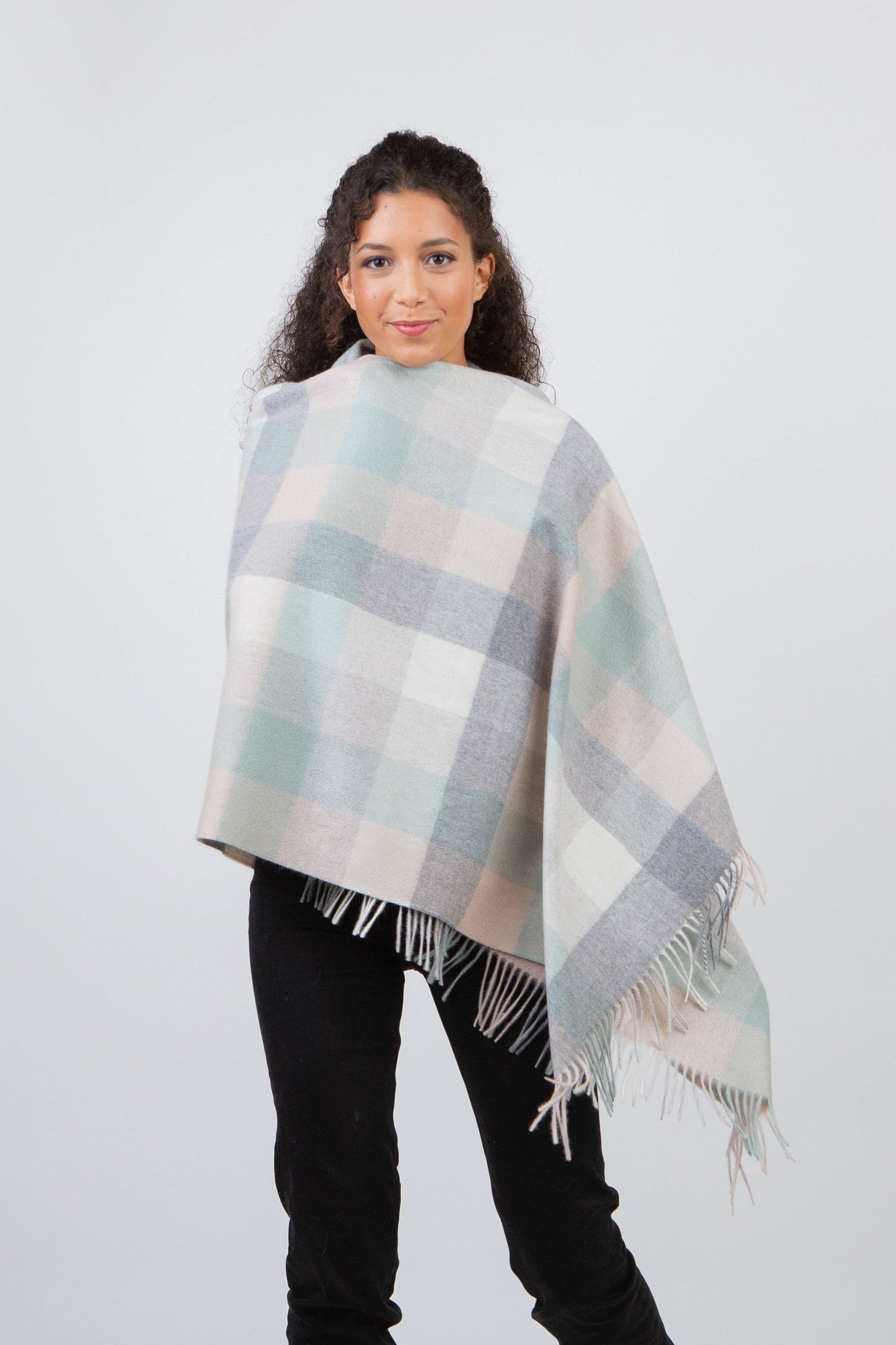 Soft blue, aqua, and beige checked cashmere stole by Kiltane.
