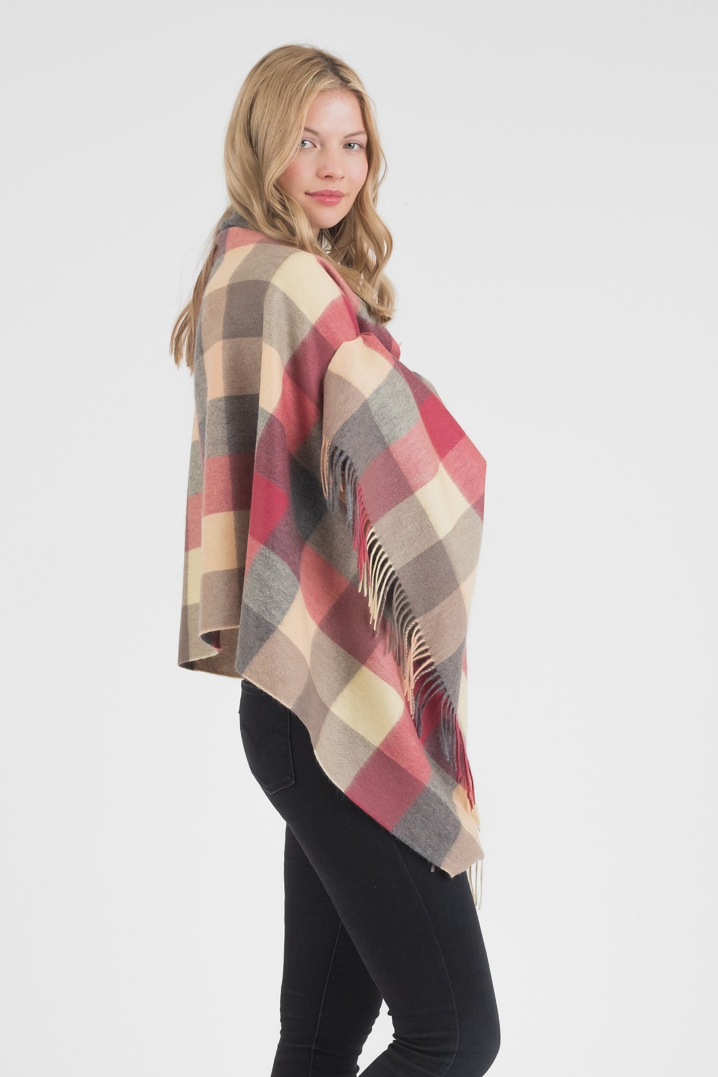 Soft beige, red, and taupe checked cashmere stole from Kiltane.