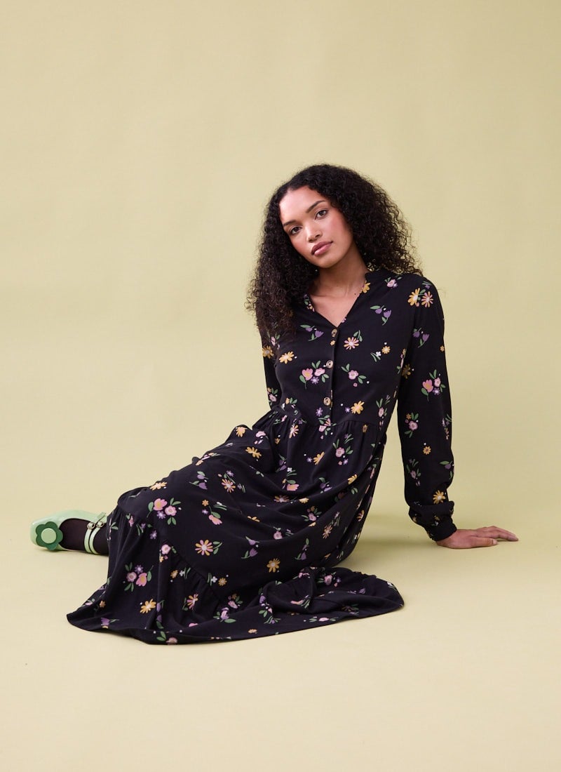 Heath Ditsy Floral Print Jersey Midi Dress - Sustainable Organic Cotton (Black)