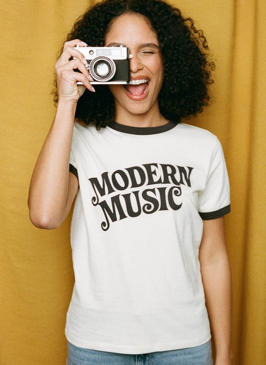 Hit Parade Modern Music Graphic Ringer Tee - Sustainable Organic Cotton (White)