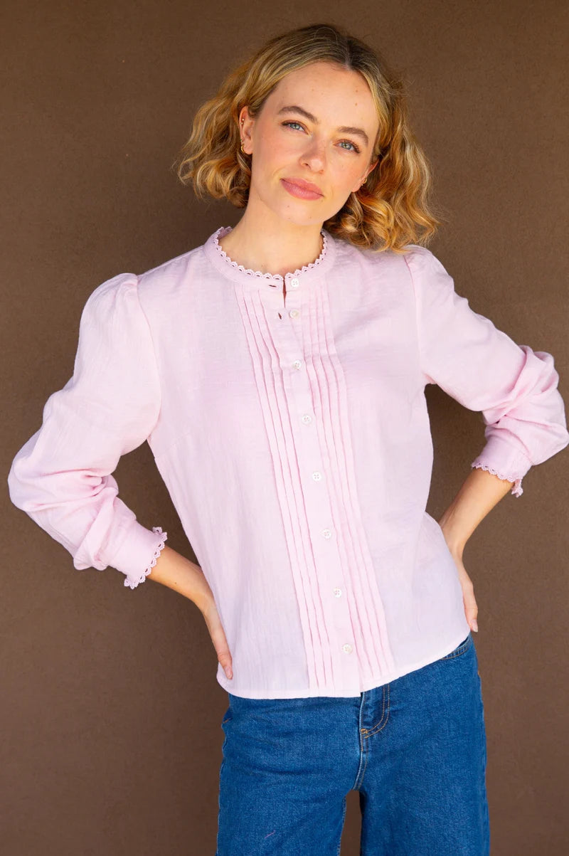 Holly Pin Tuck Organic Cotton Cheesecloth Long Sleeve Blouse - Blush Pink