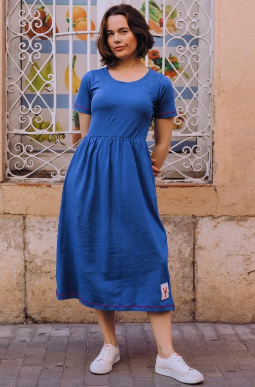 Cobalt blue midi jersey dress with lobster patch.