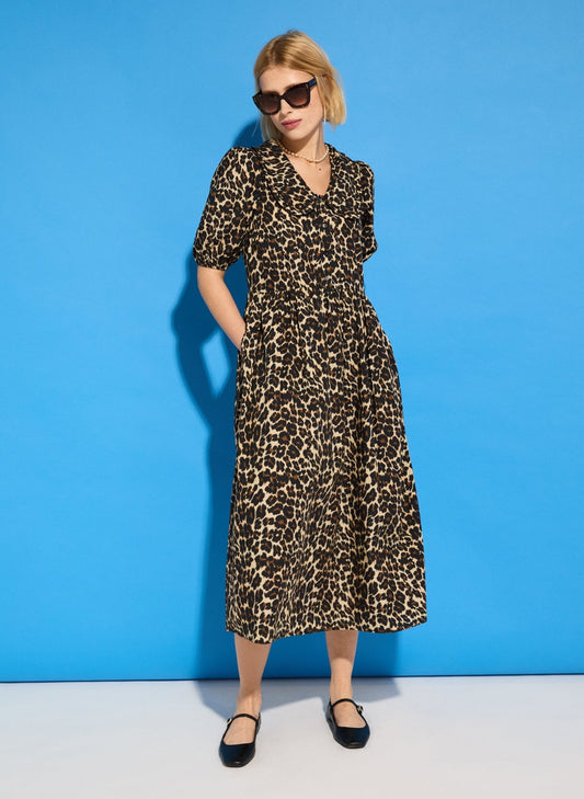 Imogen Organic Cotton Printed Midi Dress / Brown Leopard