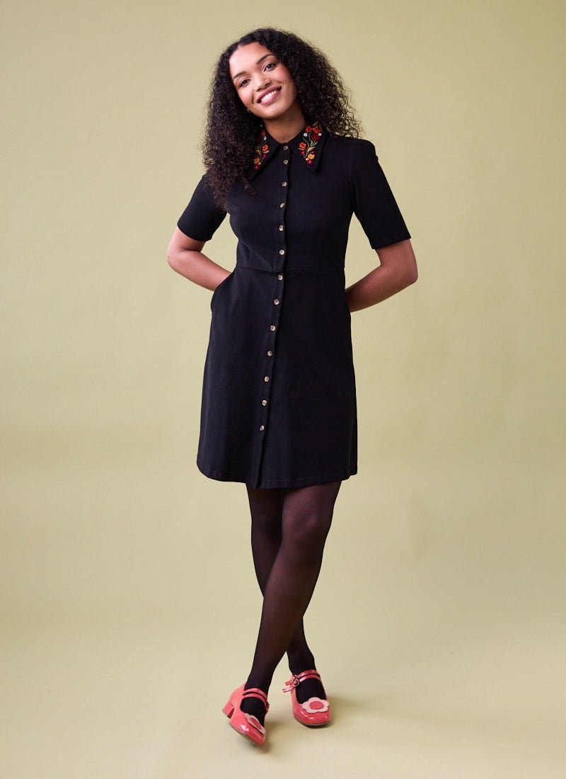 Jada Embroidered Collar Jersey Shirt Dress - Sustainable Organic Cotton (Black)