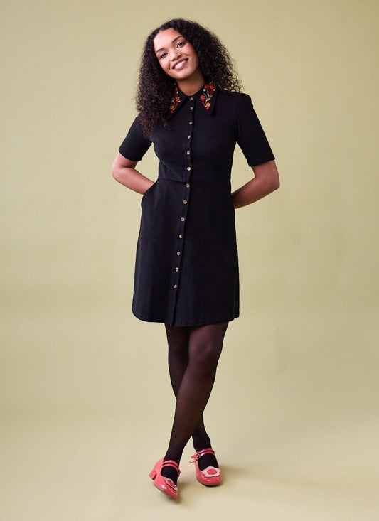 Jada Embroidered Collar Jersey Shirt Dress - Sustainable Organic Cotton (Black)