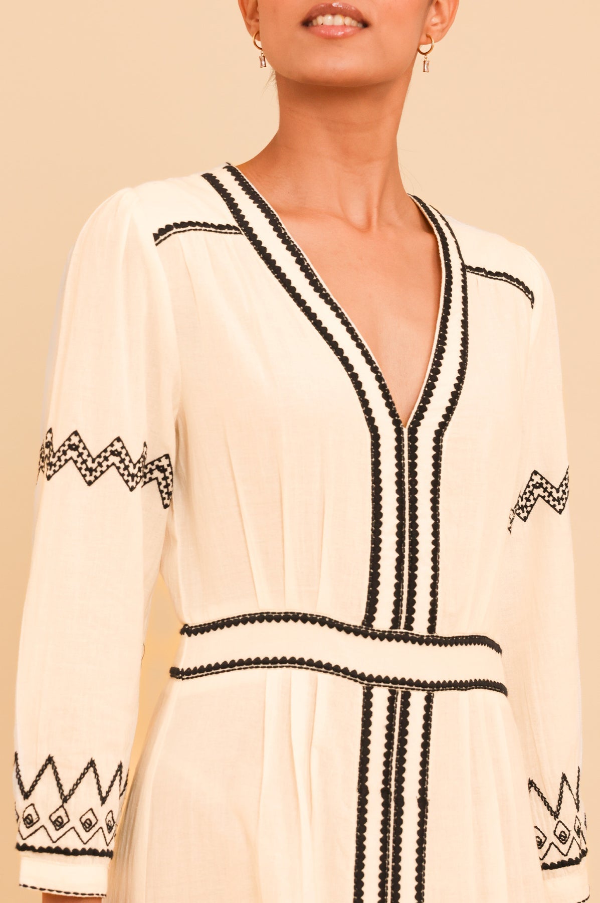 Jamila Embroidered Organic Cotton Dress - Ecru/Black