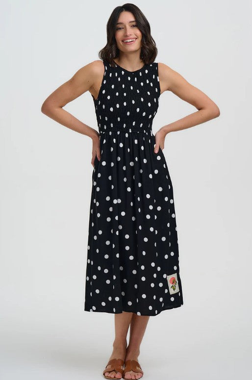 Janice Shirred Midi Dress - Monochrome, Polka Dot