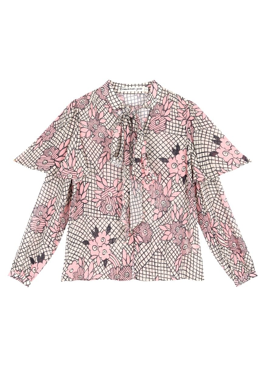 Celia Birtwell X Joanie - Jazz Flower Print Sheer Cape Sleeve Pussy Bow Blouse (Pink)