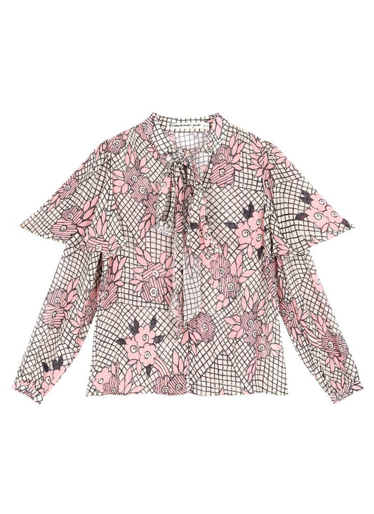 Celia Birtwell X Joanie - Jazz Flower Print Sheer Cape Sleeve Pussy Bow Blouse (Pink)