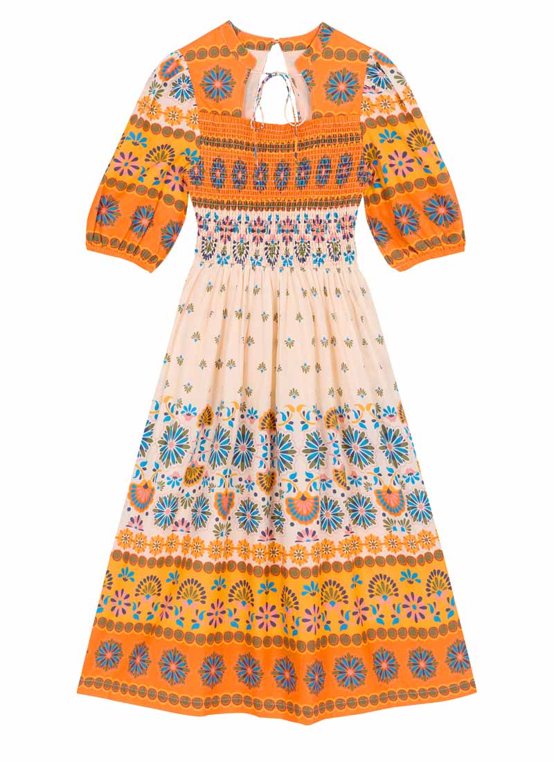 Zeena X Joanie - Jesse Orange Geometric Print Tie Neck Midi Dress - Sustainable Organic Cotton (Orange)