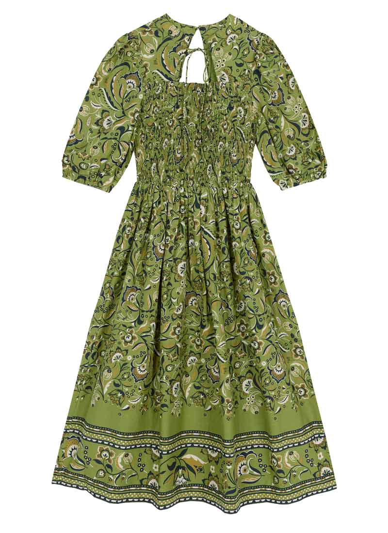 Jesse Handkerchief Print Tie Neck Midi Dress - Sustainable Organic Cotton (Green)