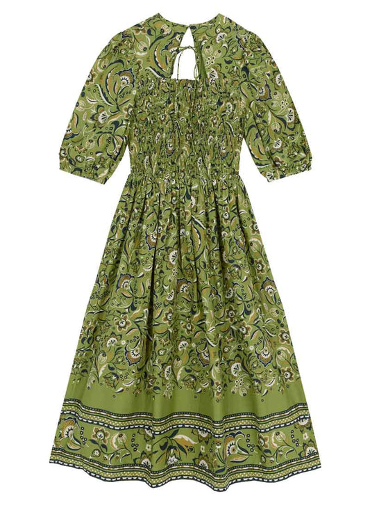 Jesse Handkerchief Print Tie Neck Midi Dress - Sustainable Organic Cotton (Green)