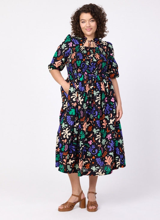 Jesse Modern Art Cut Out Print Tie Neck Midi Dress - Sustainable Organic Cotton (Black)