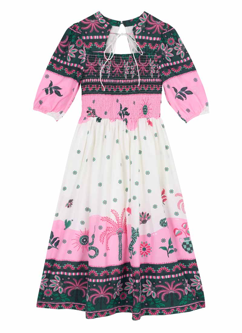 Jesse Palm Tree Print Tie Neck Midi Dress - Sustainable Organic Cotton (Pink)
