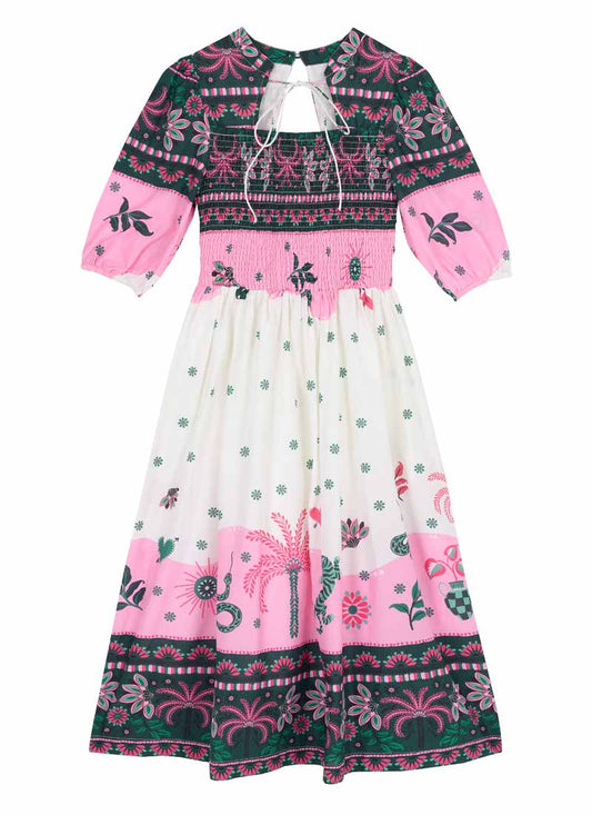 Jesse Palm Tree Print Tie Neck Midi Dress - Sustainable Organic Cotton (Pink)