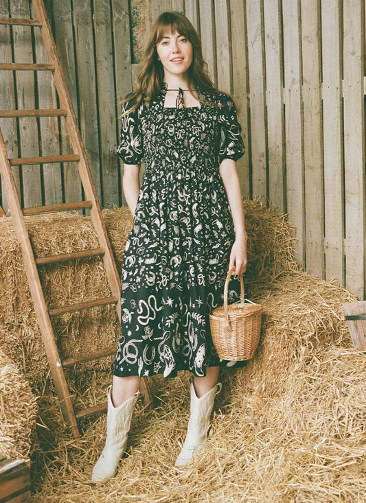 Jesse Western Print Tie Neck Midi Dress - Sustainable Organic Cotton (Black)