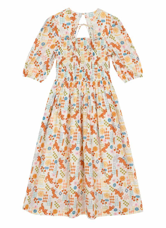 Zeena X Joanie - Jesse Abstract Pomodoro Print Tie Neck Midi Dress - Sustainable Organic Cotton (White)