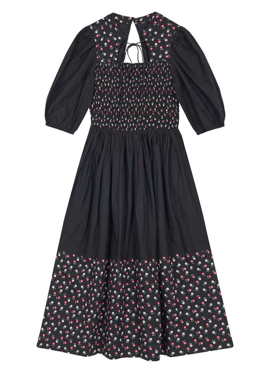 Jesse Ditsy Floral Print Tie Neck Midi Dress - Black