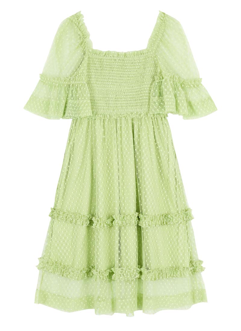 Jini Square Neck Polka Dot Mesh Dress - Green