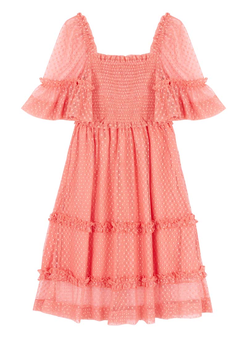 Jini Square Neck Polka Dot Mesh Dress - Pink