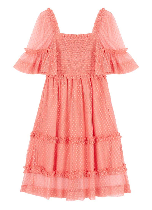 Jini Square Neck Polka Dot Mesh Dress - Pink