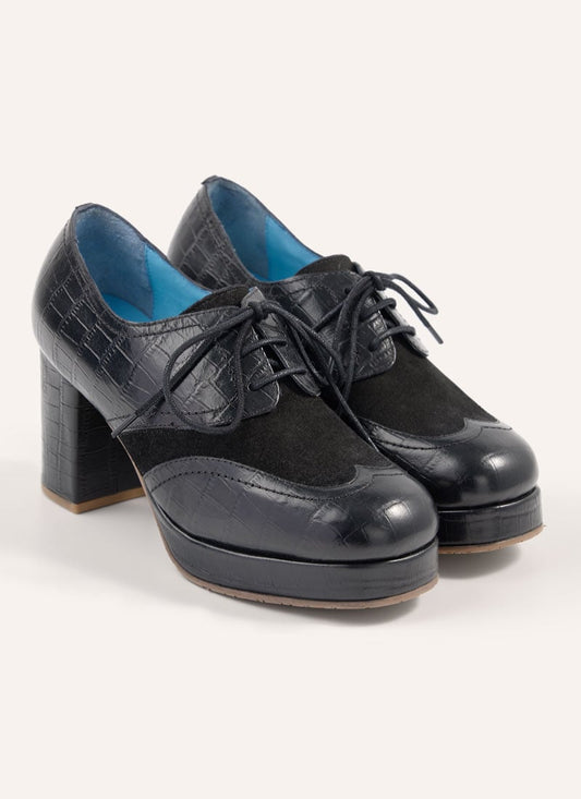 Strasbourg Leather Heeled Platform Brogues - Black