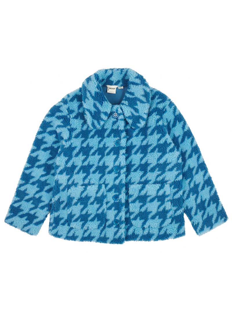 Penelope Teddy Bear Fleece Coat - Houndstooth - Blue