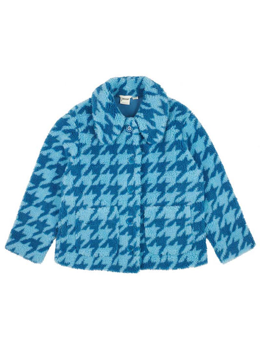 Penelope Teddy Bear Fleece Coat - Houndstooth - Blue