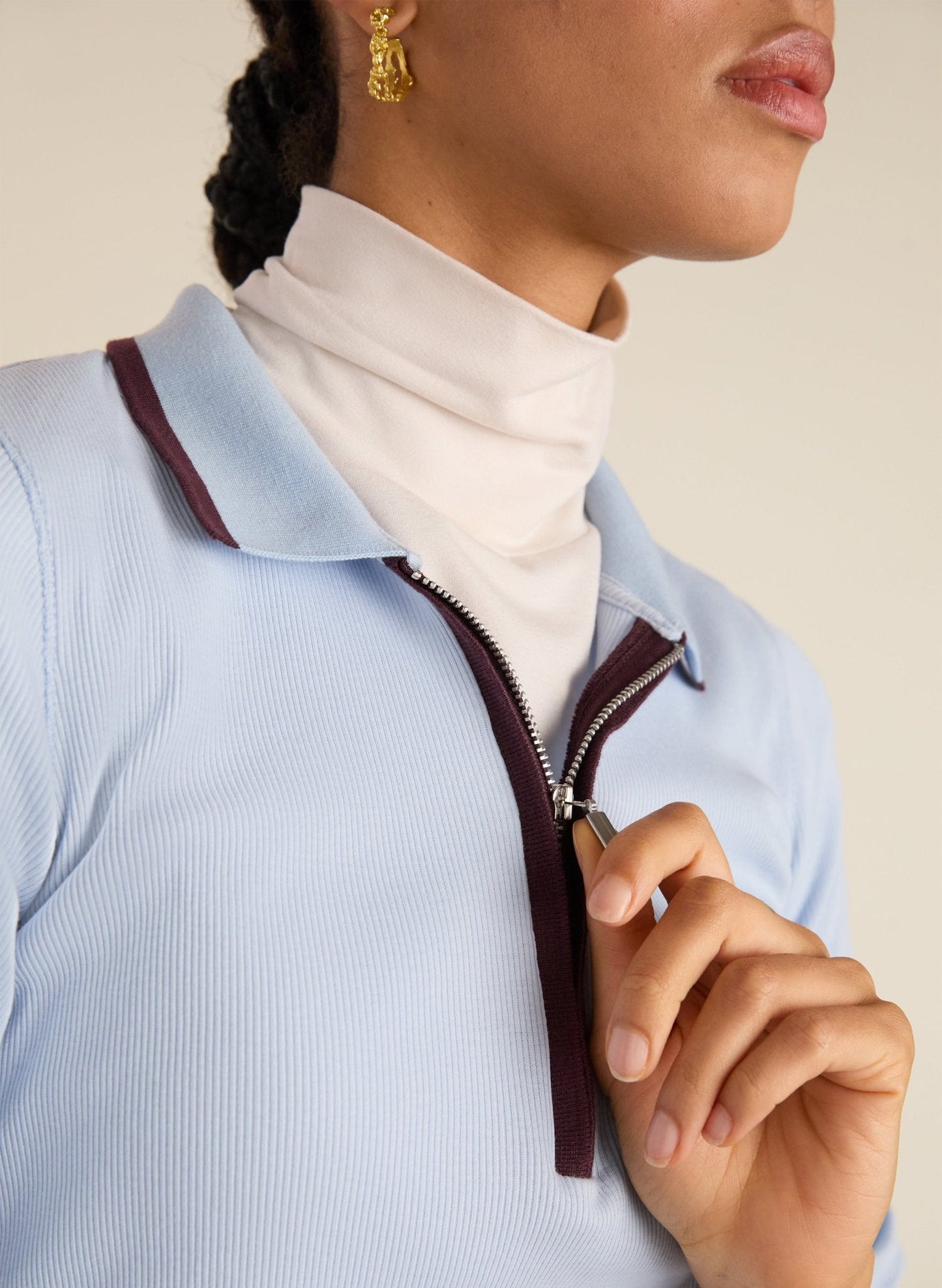 Joely Organic Cotton Rib Zip Collar Top / Ice Blue & Plum