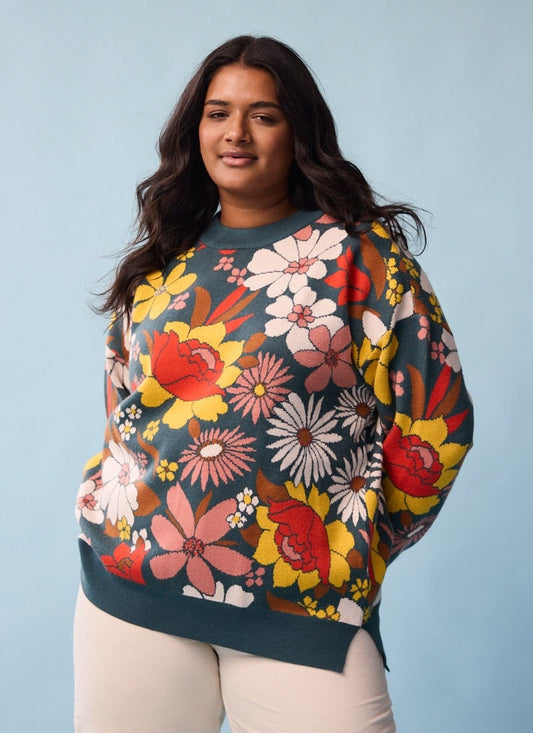 Jude Retro Floral Oversized Jacquard Knit - (Blue)