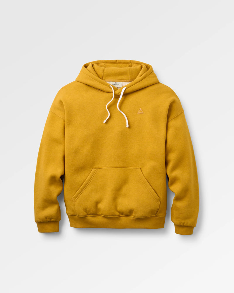 Warm yellow organic cotton hooded sweatshirt.