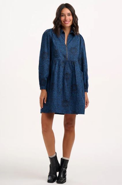 Karen Mini Smock Dress - Petrol Navy, Hidden Leopard