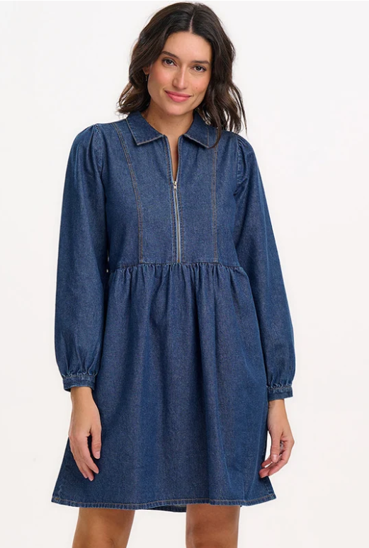 A woman modeling a blue denim long-sleeve dress with a half-zip neckline, buttoned cuffs, and a gathered empire waist, set against a plain white studio background.