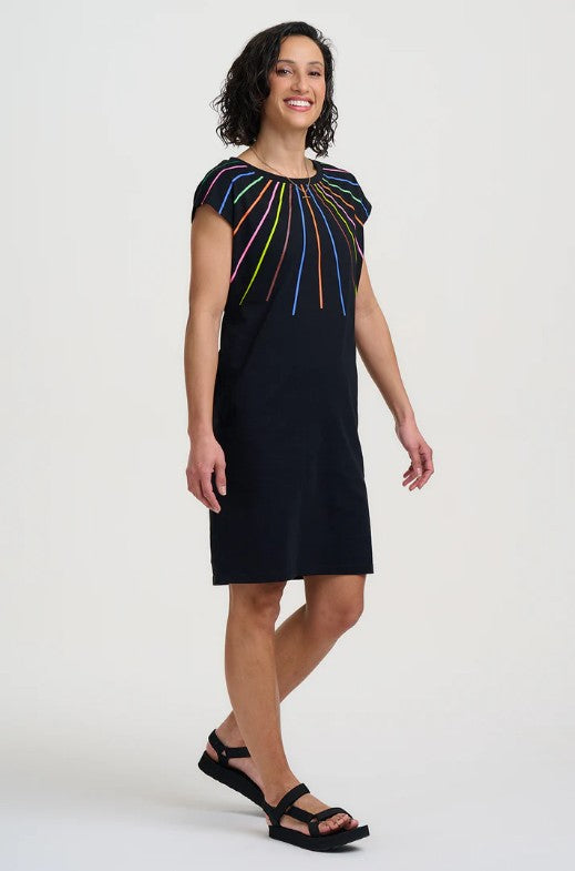 Black jersey dress with rainbow neckline.
