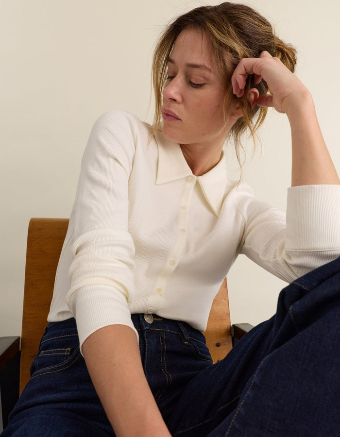 Kelly Ribbed Button-Down Top - Cream