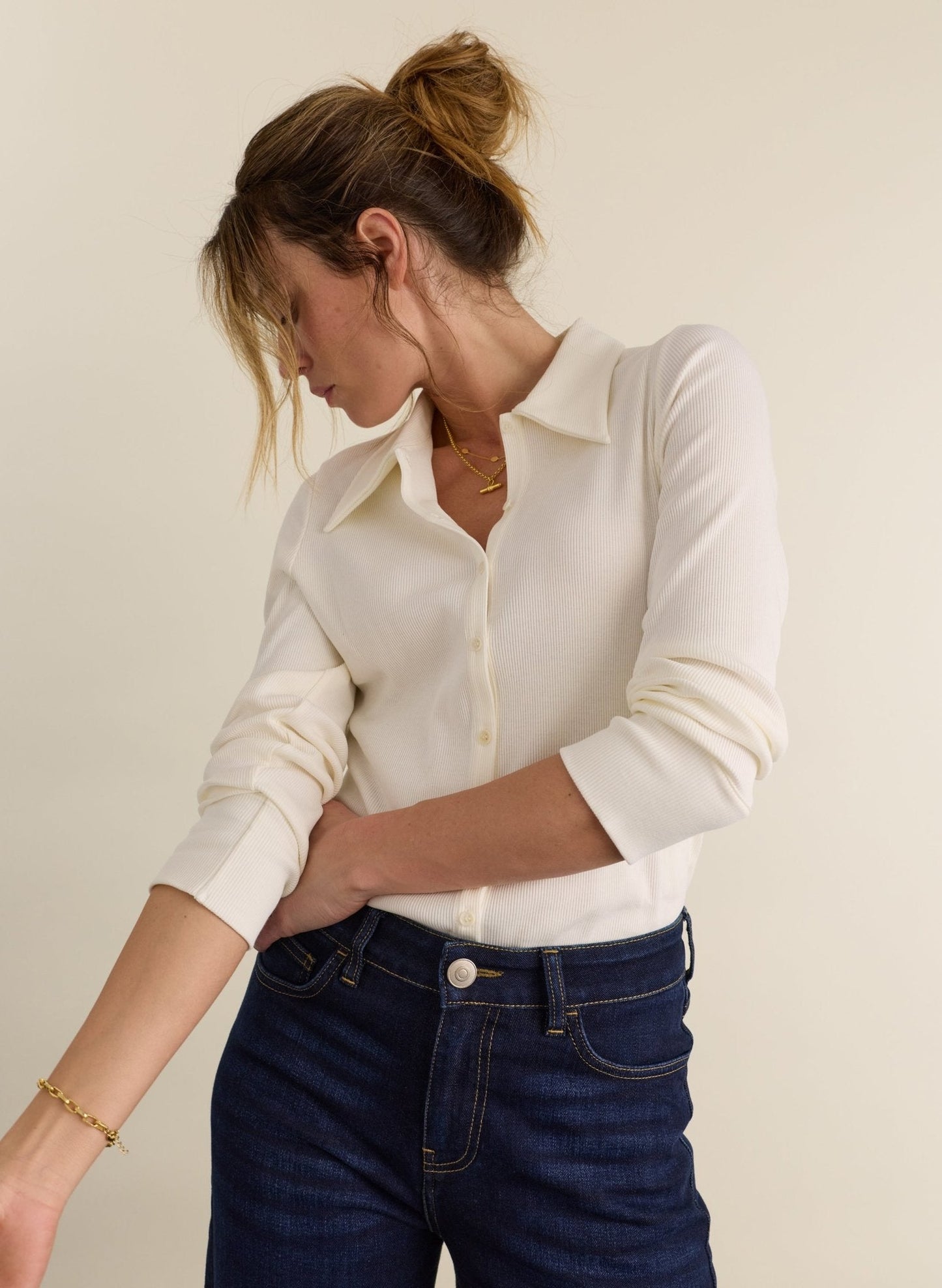 Kelly Ribbed Button-Down Top - Cream