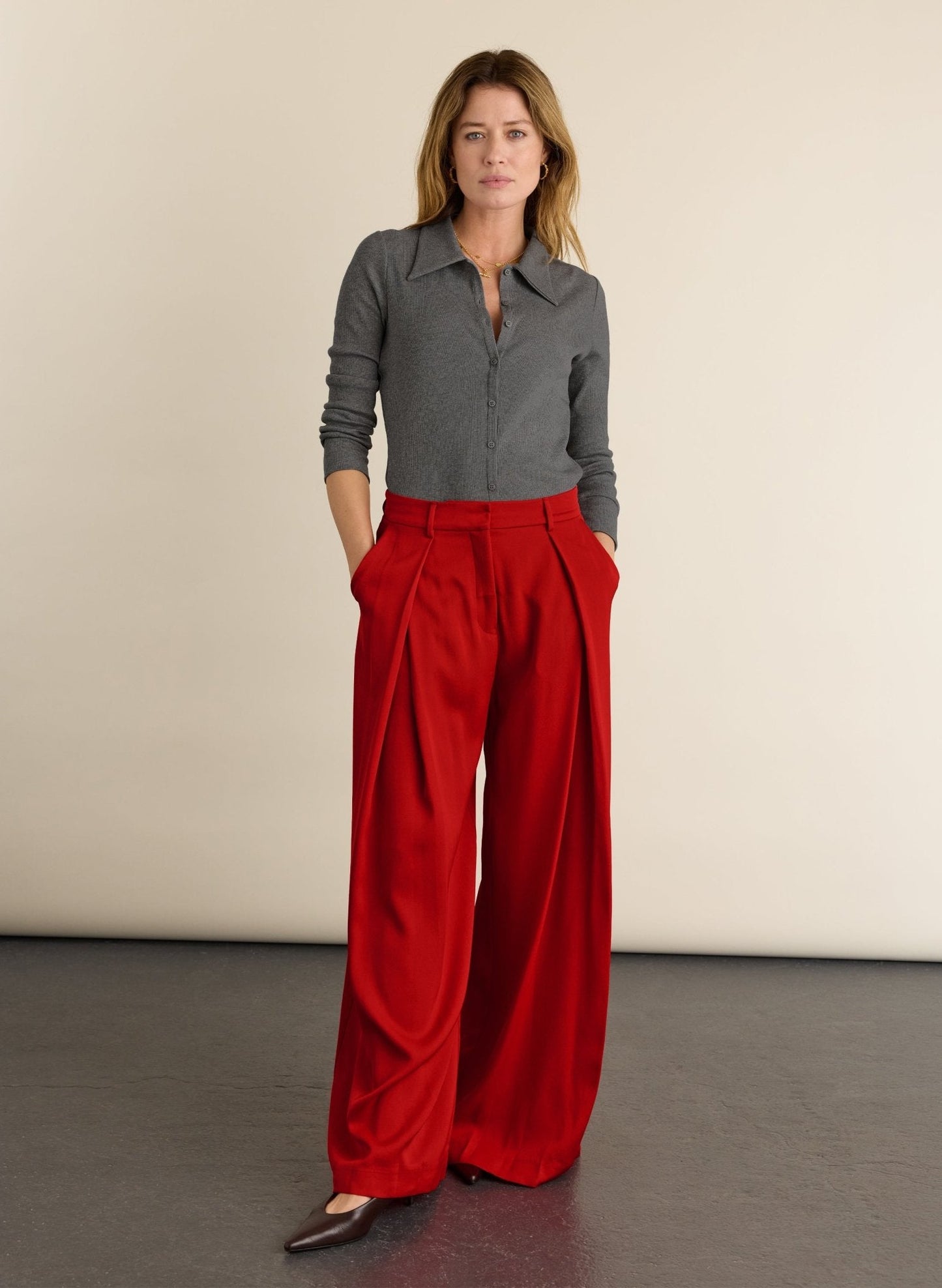 Kelly Ribbed Button-Down Top - Grey Marl