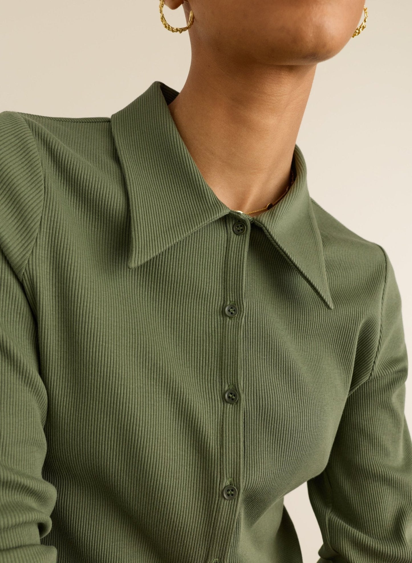 Kelly Ribbed Button-Down Top - Light Khaki
