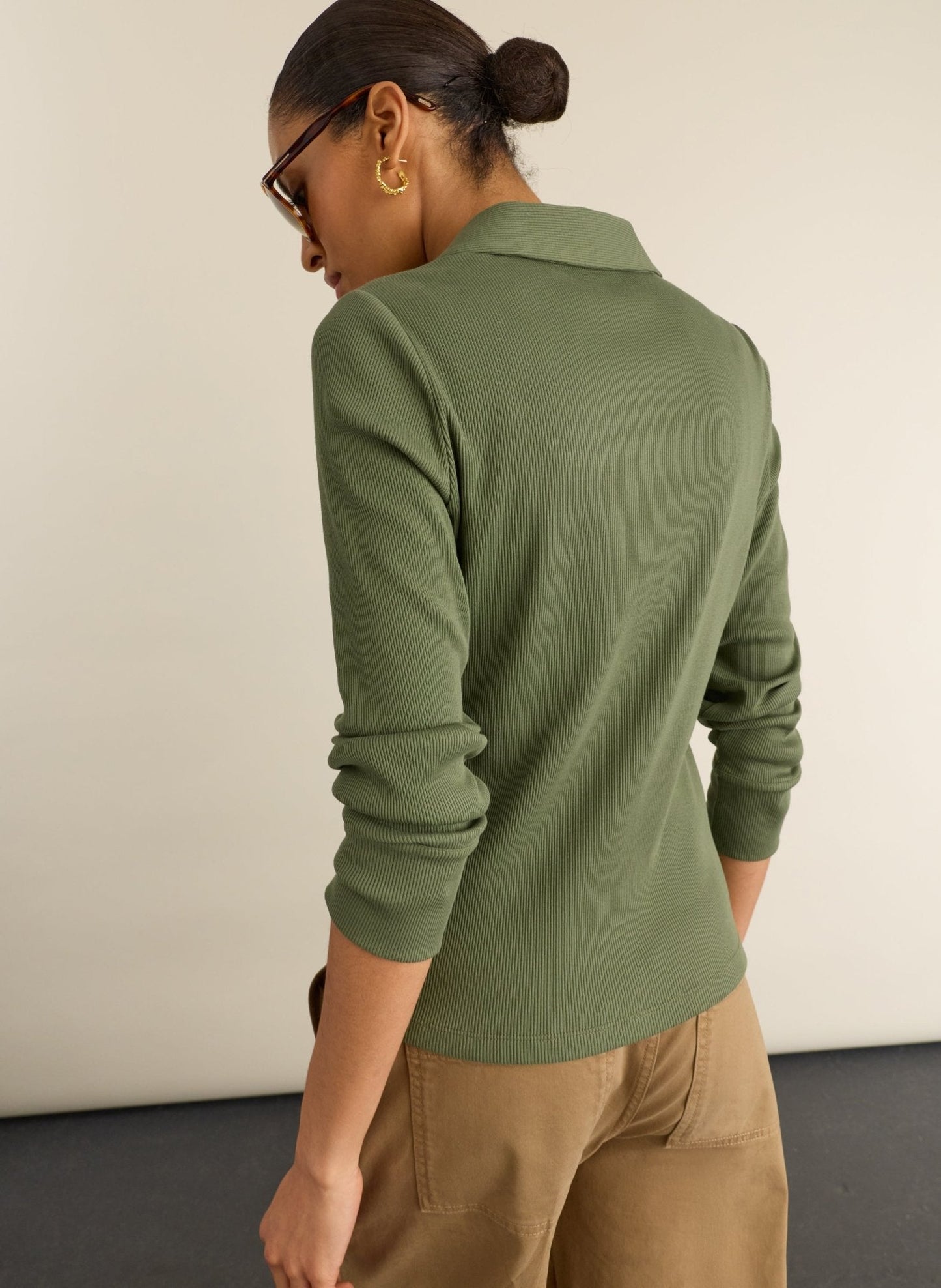 Kelly Ribbed Button-Down Top - Light Khaki