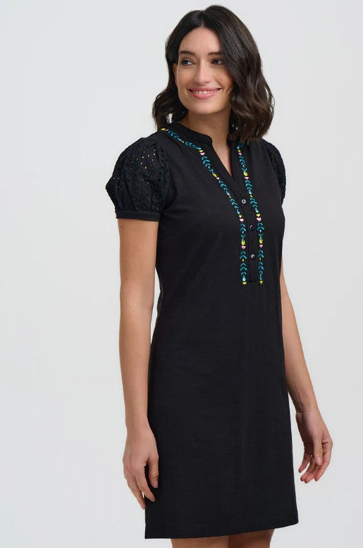 Embroidered black mini dress.