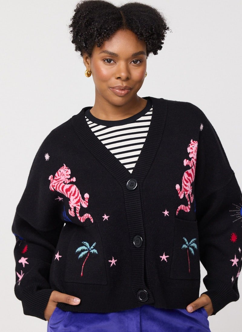 Kiri Tiger Intarsia Knit Oversized Cardigan- (Black)