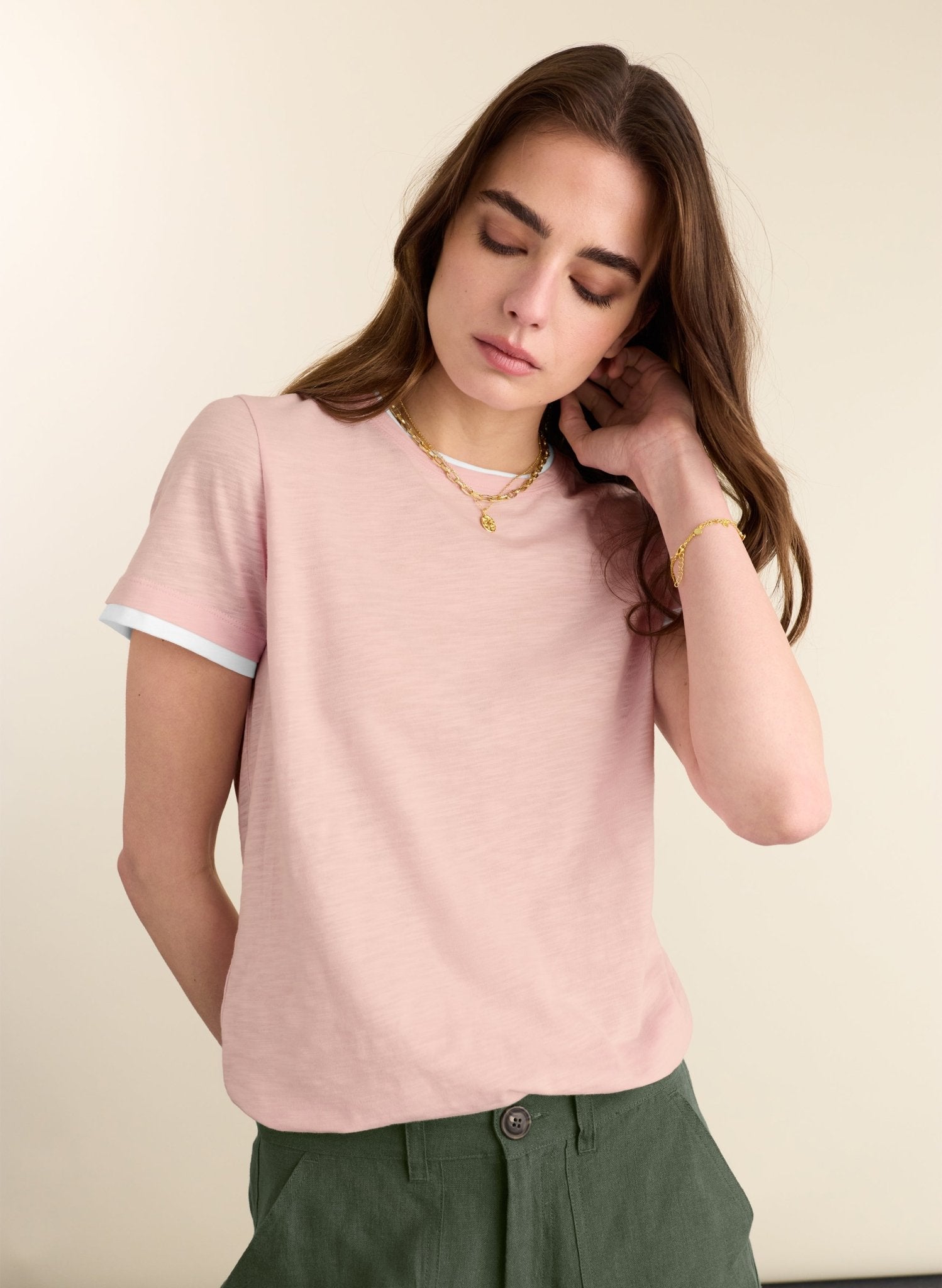Soft pink organic cotton t-shirt.