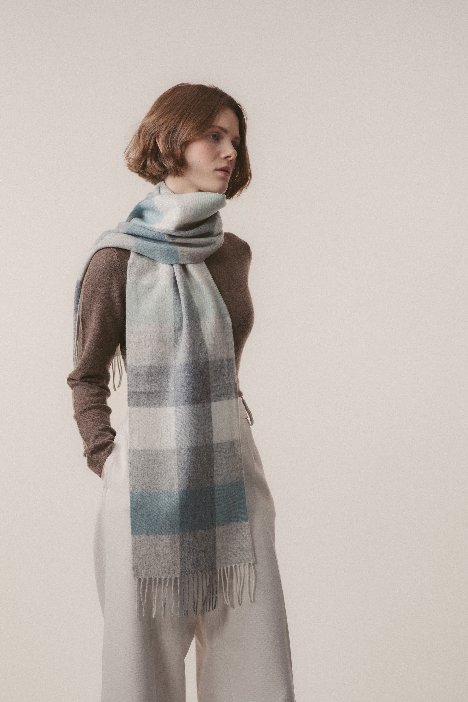 Soft grey and blue checked lambswool scarf by Kiltane.