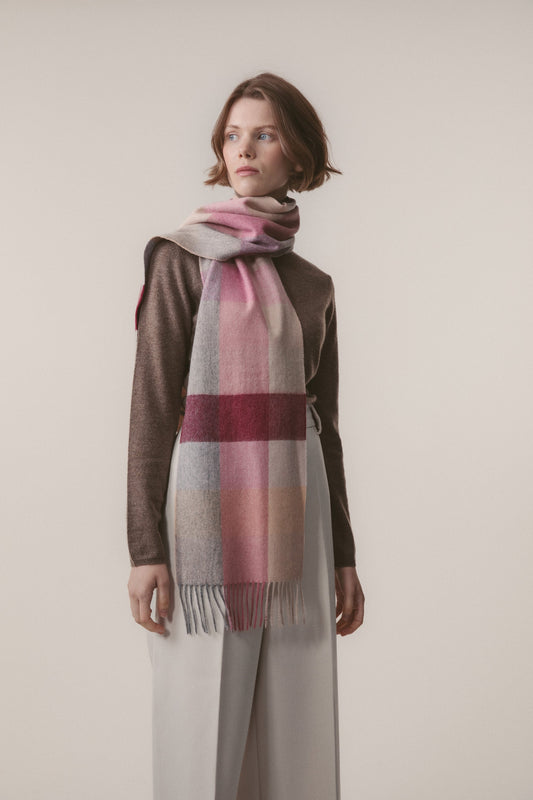 Soft burgundy, pink, and beige checked lambswool scarf from Kiltane.