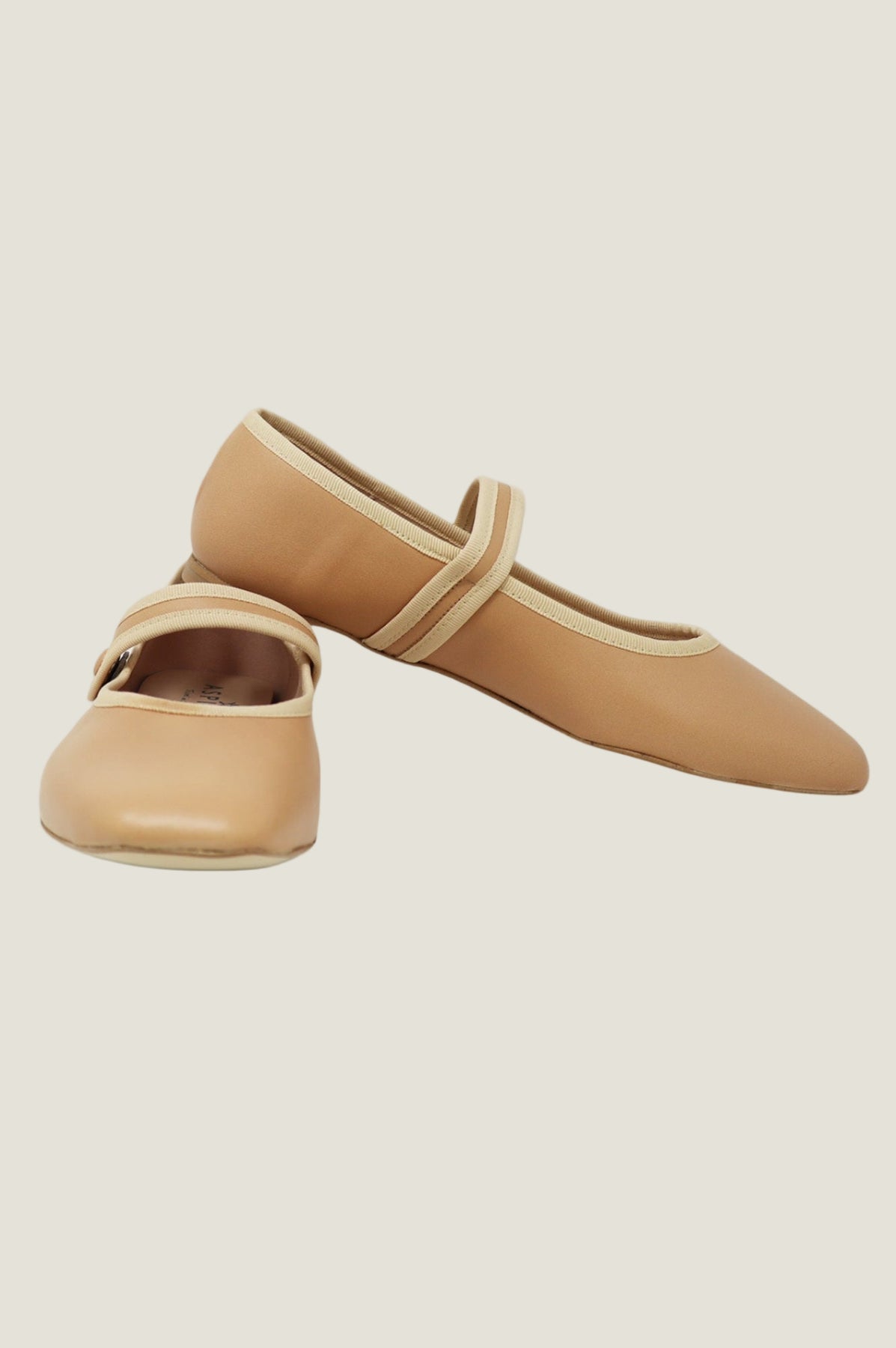 Camel coloured leather mary jane ballerina pumps.