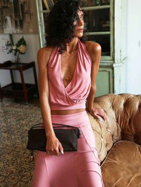Halterneck top in dusky pink.
