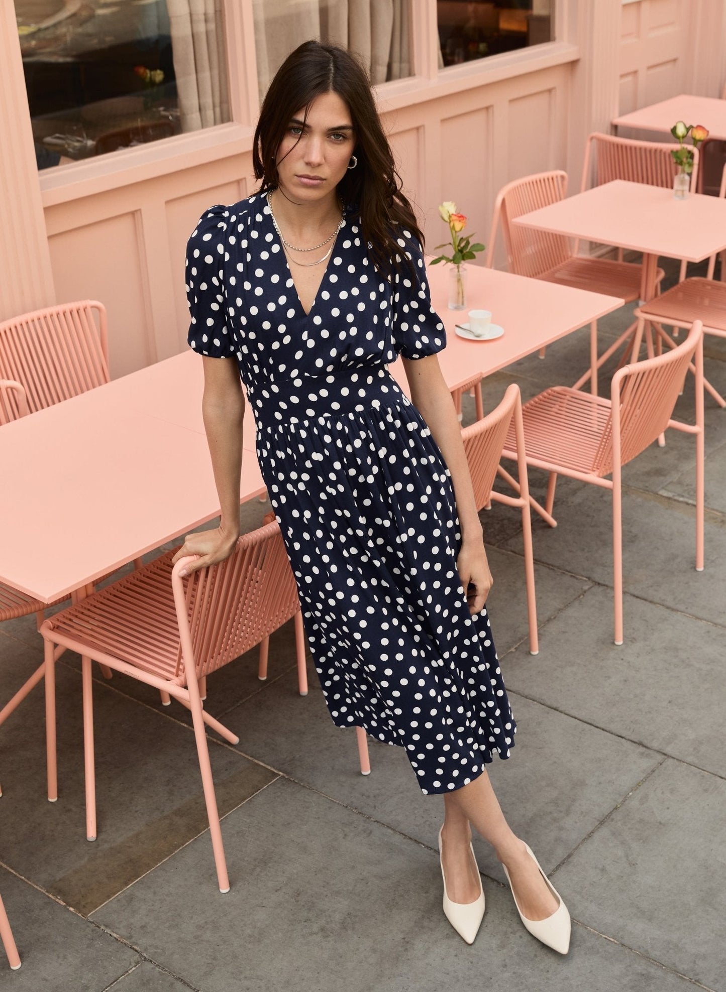 Lina Printed Midi Dress / Navy Mini Polka
